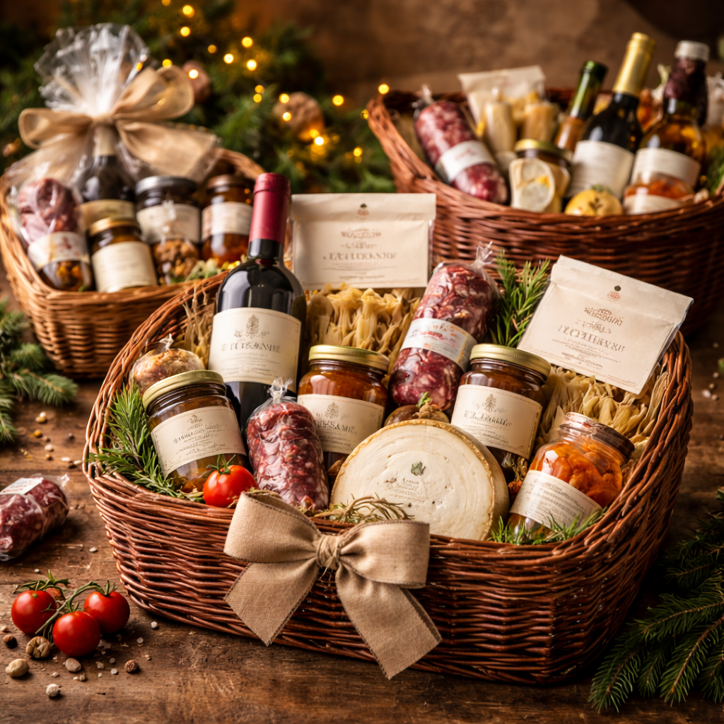 Confezioni regalo gourmet con salumi, formaggi e specialità toscane per clientela professionale B2B