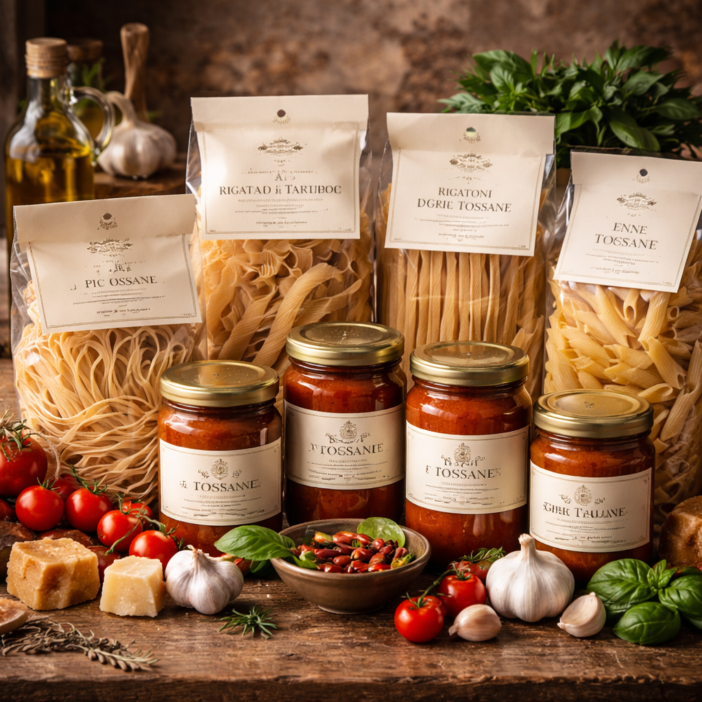 Assortimento gourmet di pasta toscana trafilata al bronzo e sughi artigianali per ristorazione e rivendita professionale