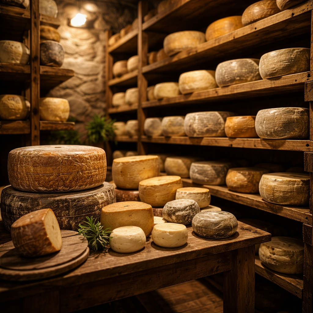 Formaggi toscani stagionati su scaffali in cantina tradizionale per fornitura professionale B2B Salumeria Toscana