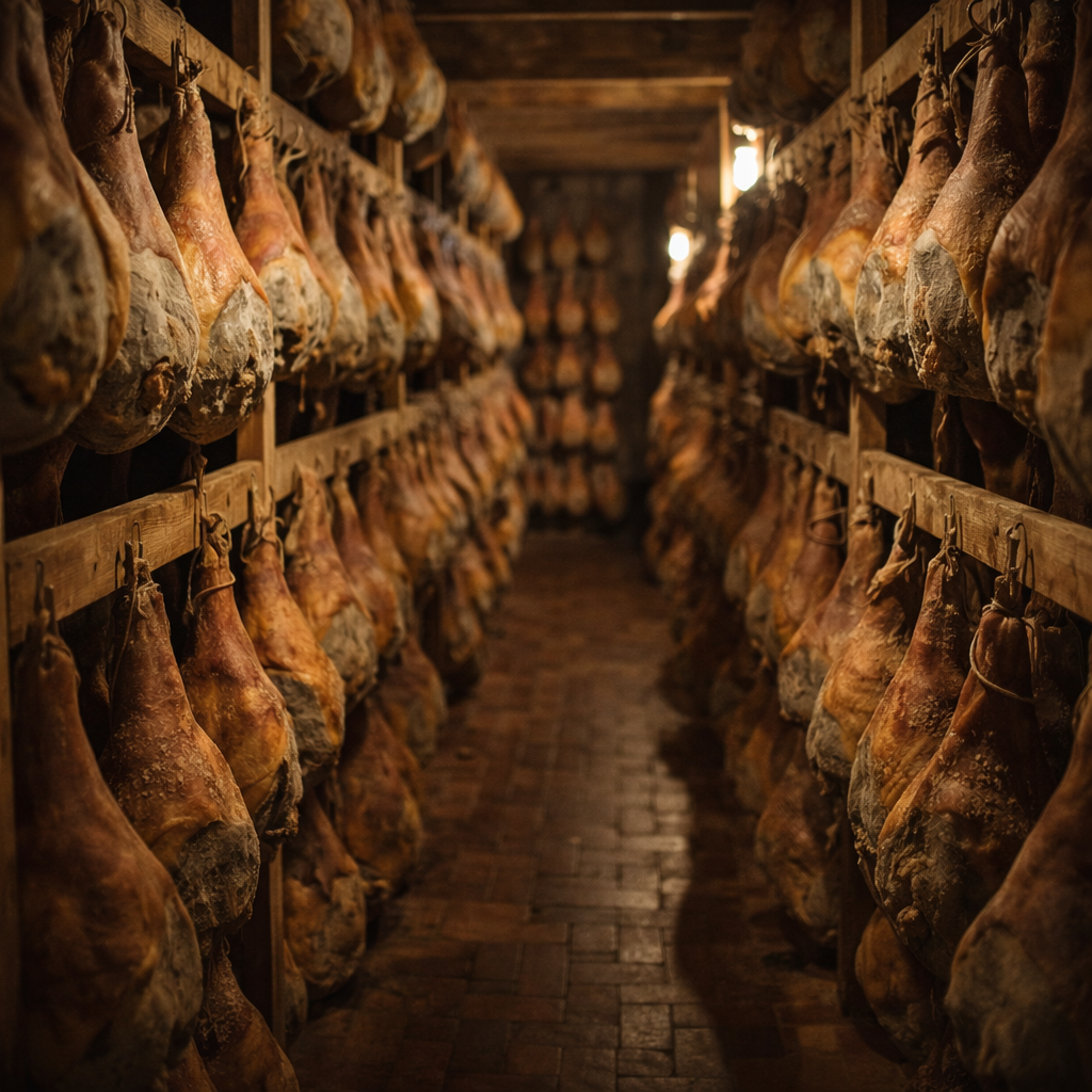 Prosciutti stagionati appesi in una cantina tradizionale di prosciutteria italiana per fornitura professionale B2B Salumeria Toscana