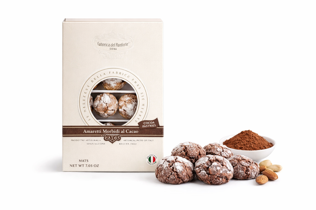 Amaretti morbidi al cacao Fabbrica del Panforte di Siena in confezione originale, dolci artigianali toscani alle mandorle per ristorazione e B2B
