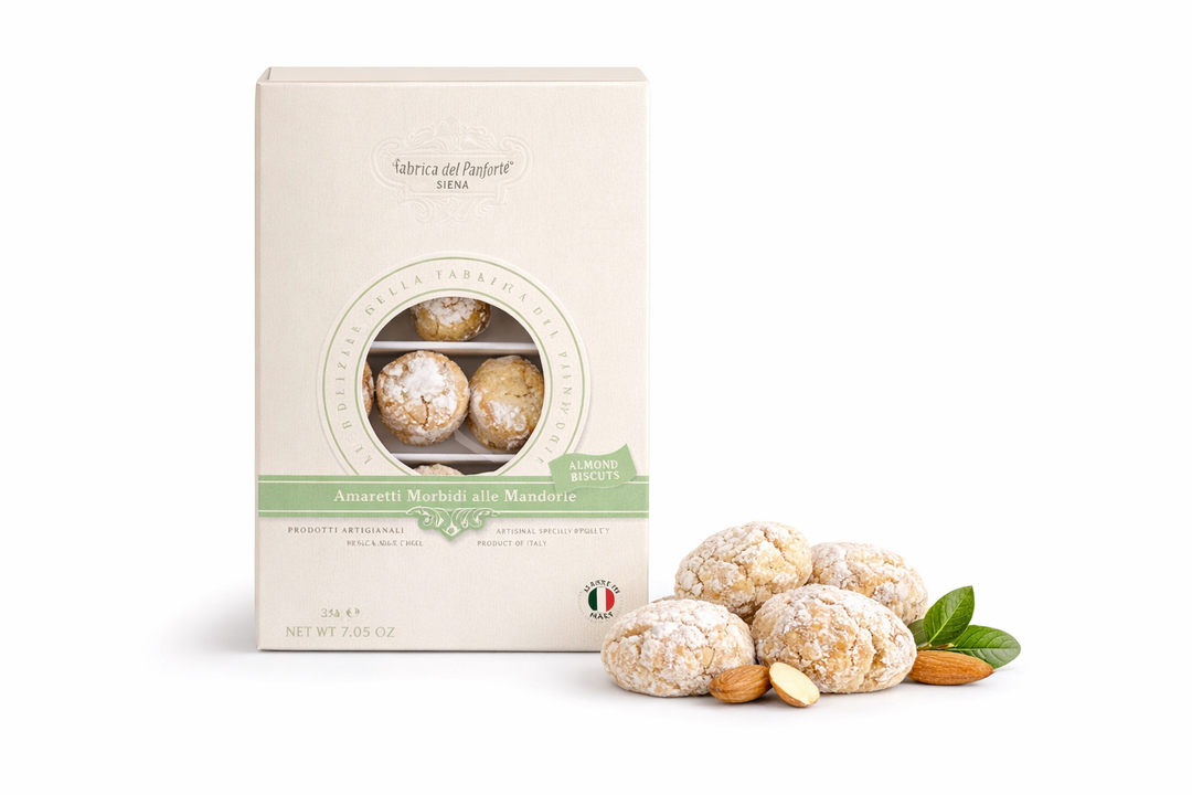 Amaretti morbidi alle mandorle Fabbrica del Panforte, dolci artigianali toscani in confezione originale per ristorazione e vendita B2B
