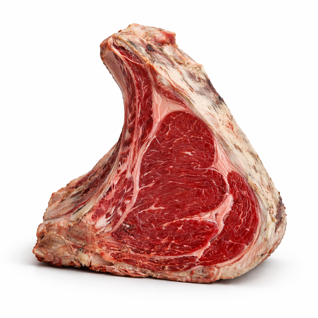 Bistecca costata di bovino adulto con osso fresca su sfondo bianco per ristorazione professionale B2B