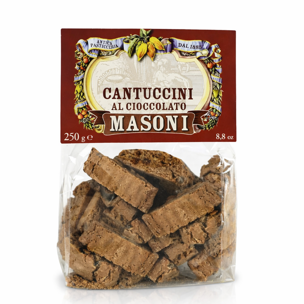Cantuccini al cioccolato Masoni da 250g, biscotti artigianali toscani al cacao per ristorazione e vendita gourmet
