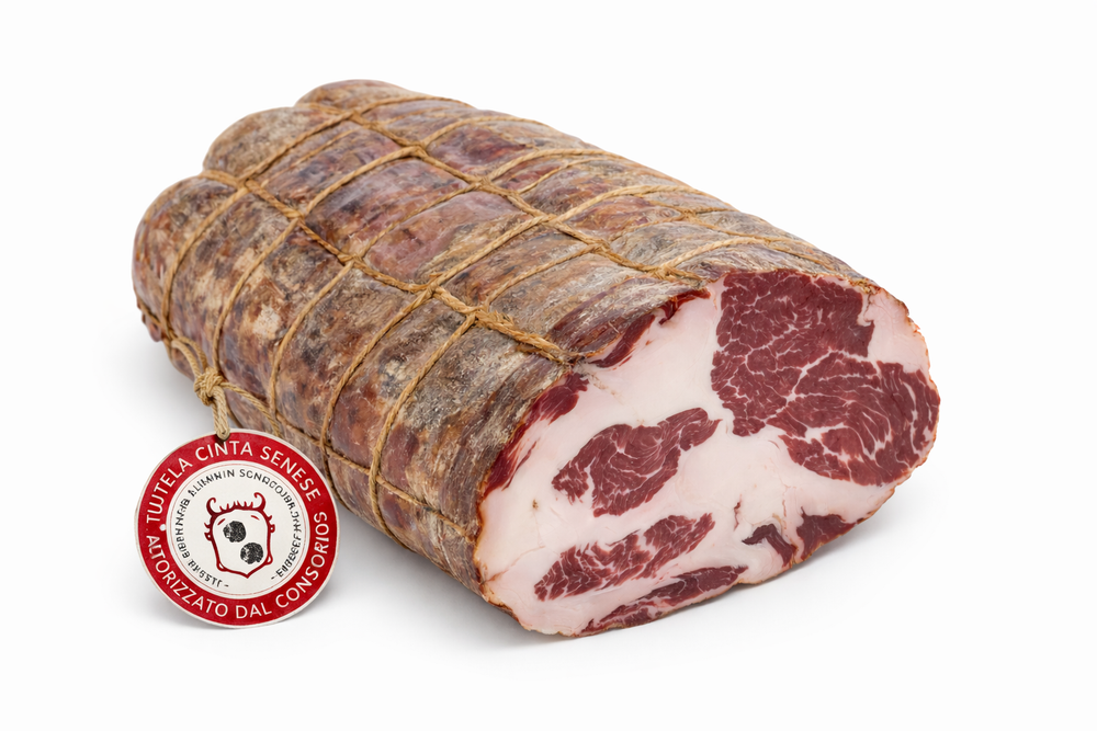 Capocollo di Cinta Senese DOP intero con bollino del Consorzio, salume artigianale stagionato in Toscana per ristoranti e gastronomie
