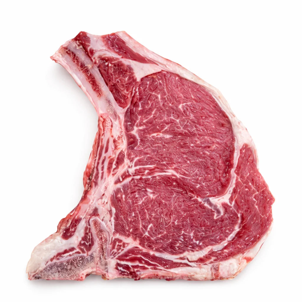 Costata di Chianina IGP VBAC fresca toscana con osso su sfondo bianco per ristorazione B2B