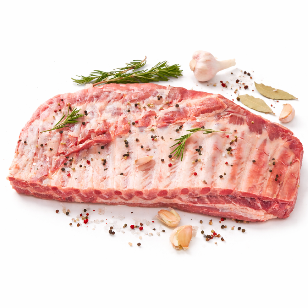Stecca intera di costine di maiale etrusco fresca su sfondo bianco per ristorazione B2B