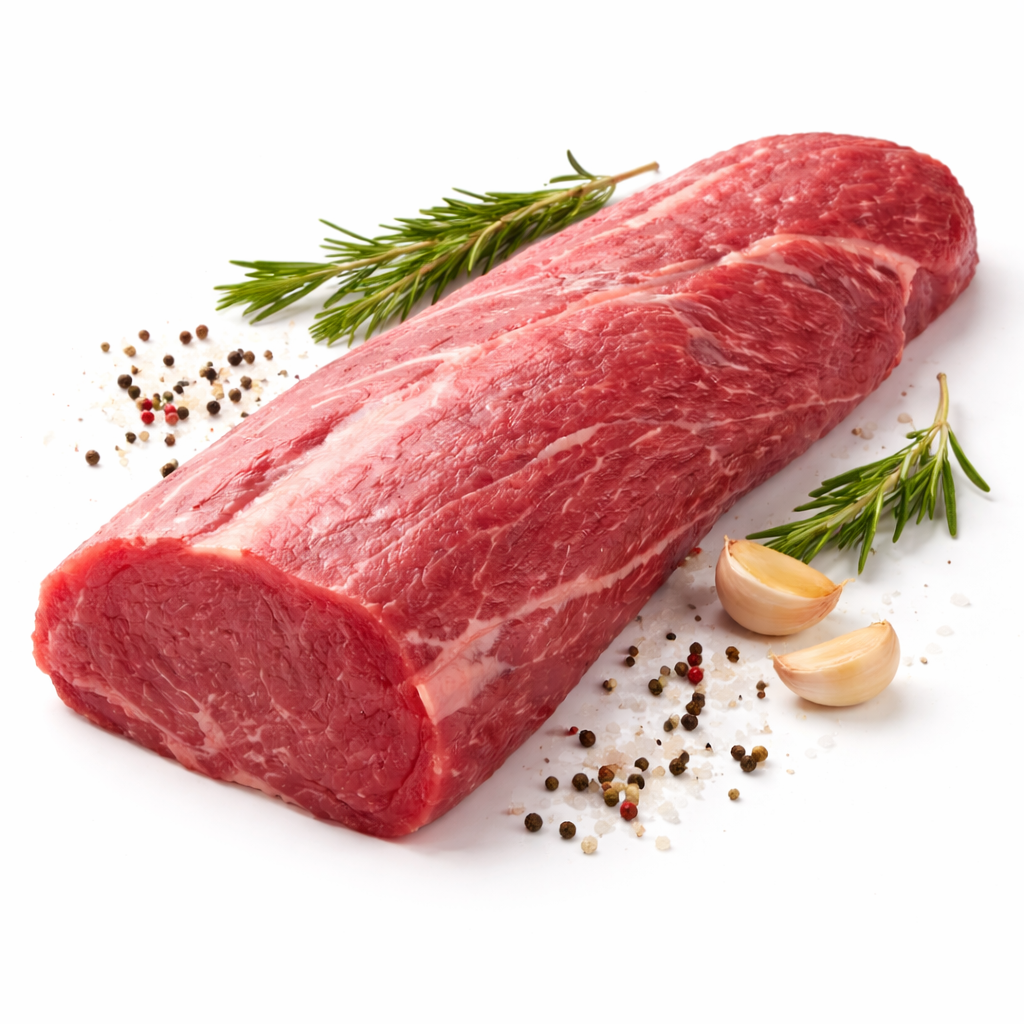 Filetto di bovino adulto intero fresco su sfondo bianco per ristorazione professionale B2B