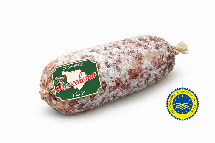 Finocchiona IGP da 600 grammi con marchio del Consorzio Finocchiona IGP e logo IGP, salume toscano certificato per vendita all’ingrosso B2B in Italia ed Europa
