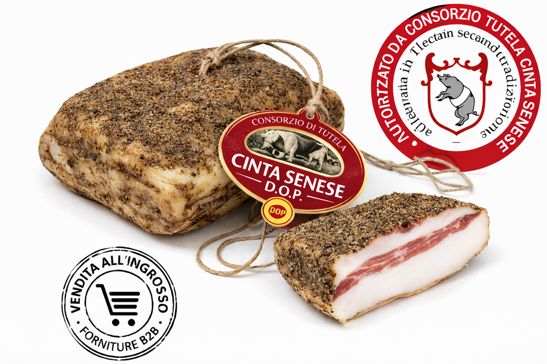 Guanciale di Cinta Senese DOP intero con bollino ufficiale del Consorzio di Tutela, salume artigianale toscano per vendita all’ingrosso e forniture B2B
