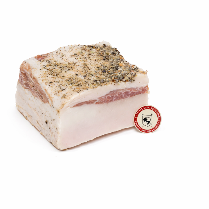 Lardo di Cinta Senese DOP intero con bollino del Consorzio, stagionato artigianalmente in Toscana, prodotto tipico toscano per vendita all’ingrosso B2B in Italia e Europa
