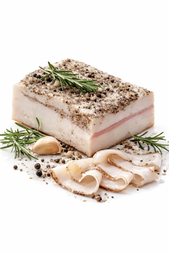 Lardo di Colonnata IGP toscano in trancio artigianale su sfondo bianco, prodotto certificato per ristorazione e B2B