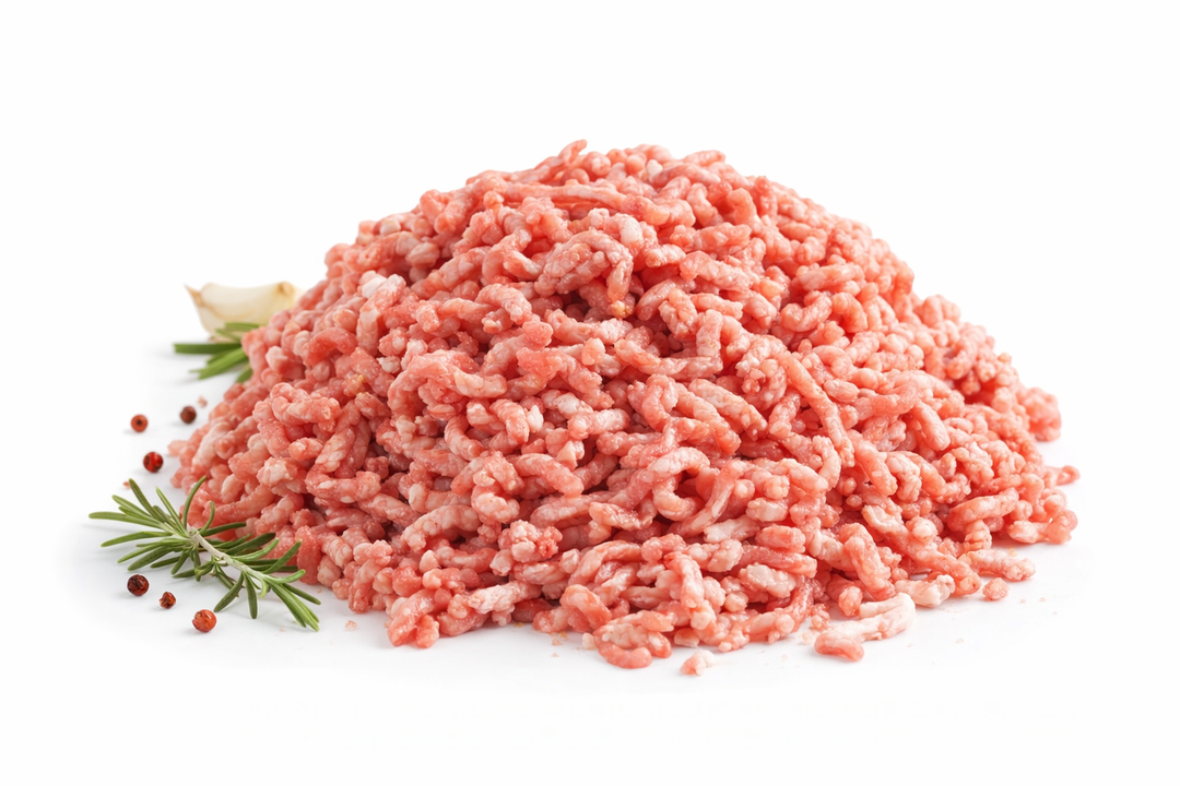 Macinato di suino etrusco fresco toscano, carne macinata artigianale su sfondo bianco per ristorazione professionale e forniture B2B
