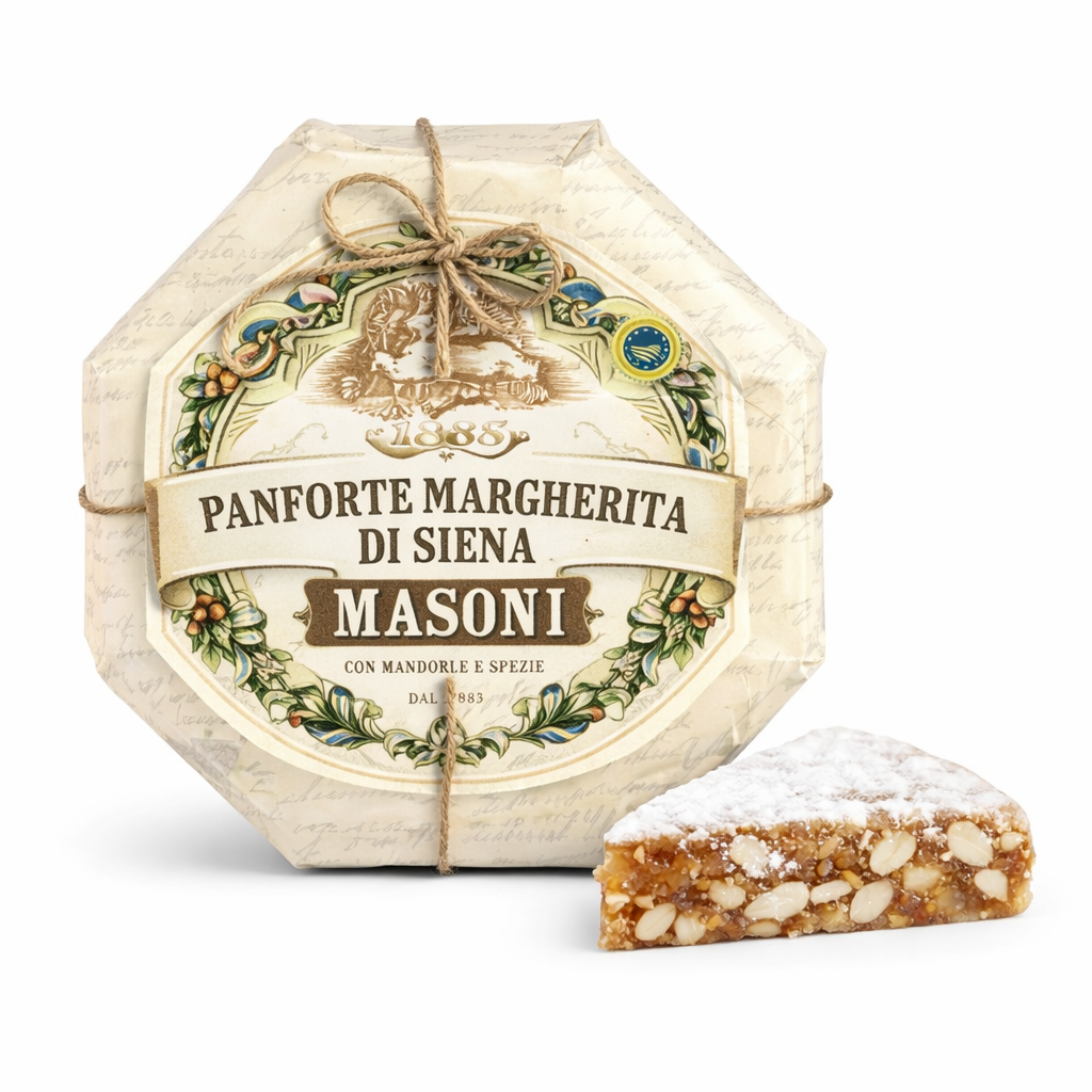 Panforte Margherita di Siena IGP Masoni in confezione esagonale, dolce tradizionale toscano con mandorle e spezie per ristorazione e B2B

