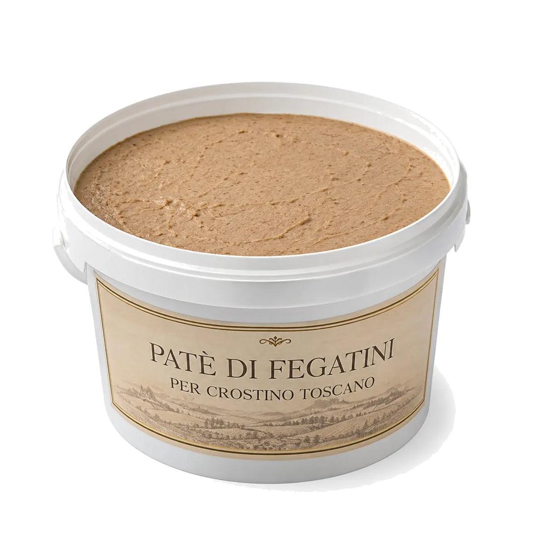 Patè di Fegatini per Crostino Toscano I Medicei secchiello plastica 1,5 kg, crema spalmabile pastorizzata con acciughe e capperi, ricetta fiorentina tradizionale per HoReCa Salumeria Toscana