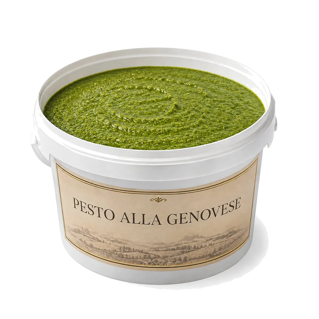Pesto alla Genovese I Medicei secchiello plastica 1,5 kg, salsa fredda con basilico, pinoli, Parmigiano e Pecorino, ricetta tradizionale ligure pastorizzata per HoReCa Salumeria Toscana