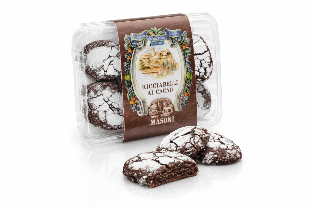 Ricciarelli al cacao Masoni dolce tipico toscano di Siena in confezione premium per rivendita e fornitura B2B