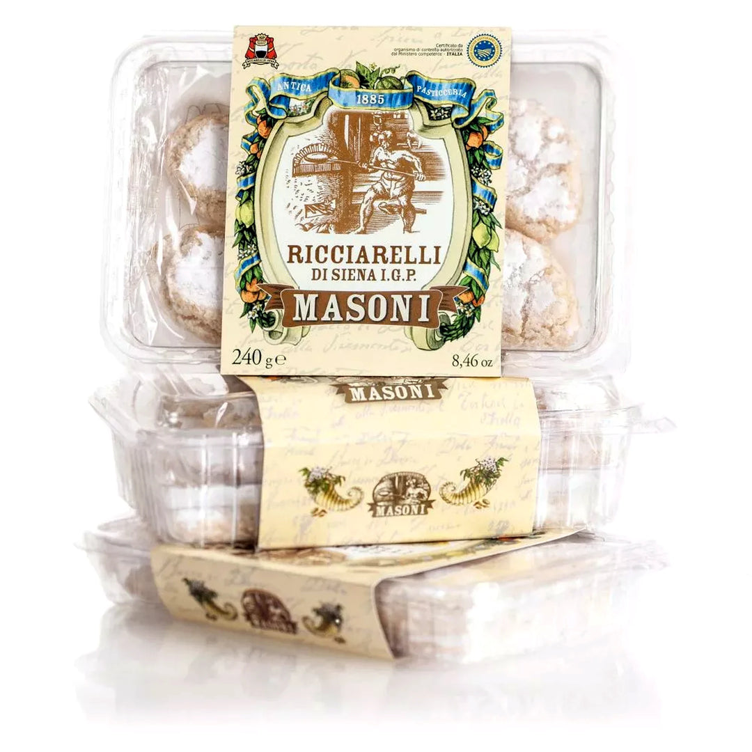 Ricciarelli di Siena IGP Masoni in confezione bauletto da 240g, dolci tradizionali toscani alle mandorle certificati IGP
