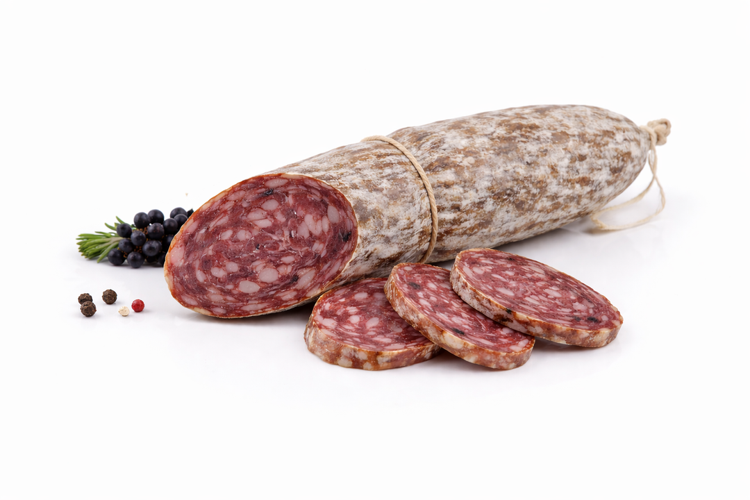 Salame con cinghiale stagionato artigianale da 500 g su sfondo bianco, salume toscano per vendita all’ingrosso B2B in Italia ed Europa
