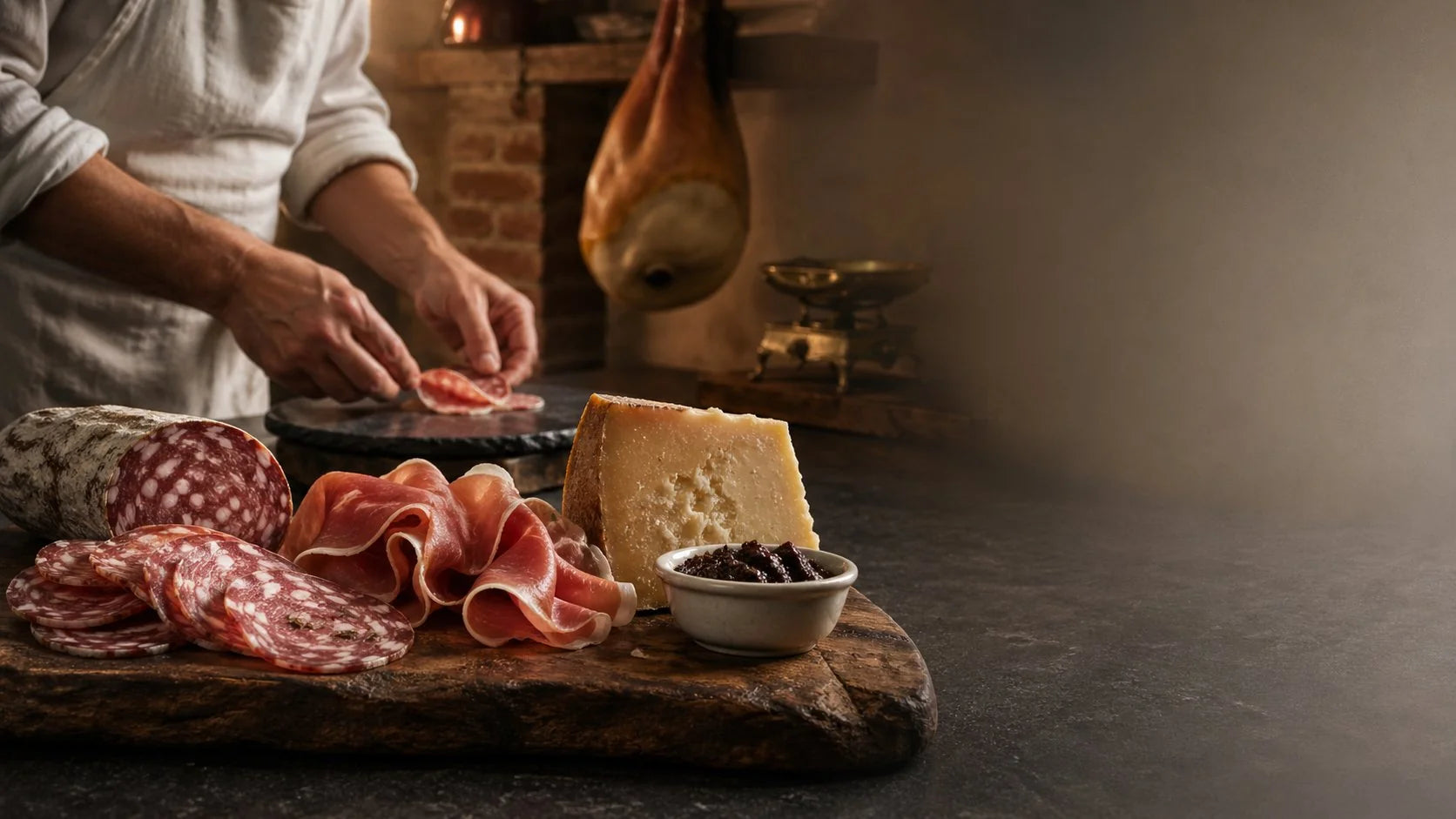 Tagliere artigianale di salumi toscani in bottega - finocchiona, prosciutto crudo stagionato e pecorino DOP per HoReCa