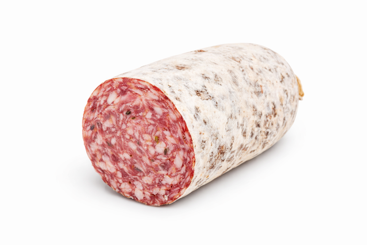 Sbriciolona toscana artigianale in budello naturale, sezione interna a grana grossa con semi di finocchio per canale Ho.Re.Ca. e B2B
