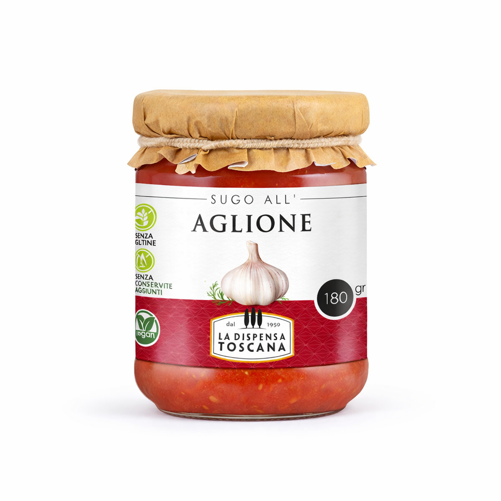 Vasetto di Sugo all’Aglione Toscano La Dispensa Toscana 180 g, condimento tradizionale per ristorazione e Ho.Re.Ca. B2B
